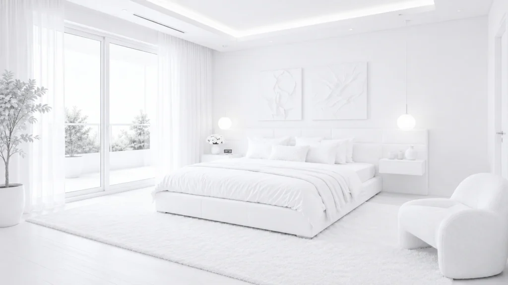 A ultra-modern white bedroom displaying a custom low-profile platform bed, matching wall panels, spherical pendant lights, and an integrated cozy armchair.