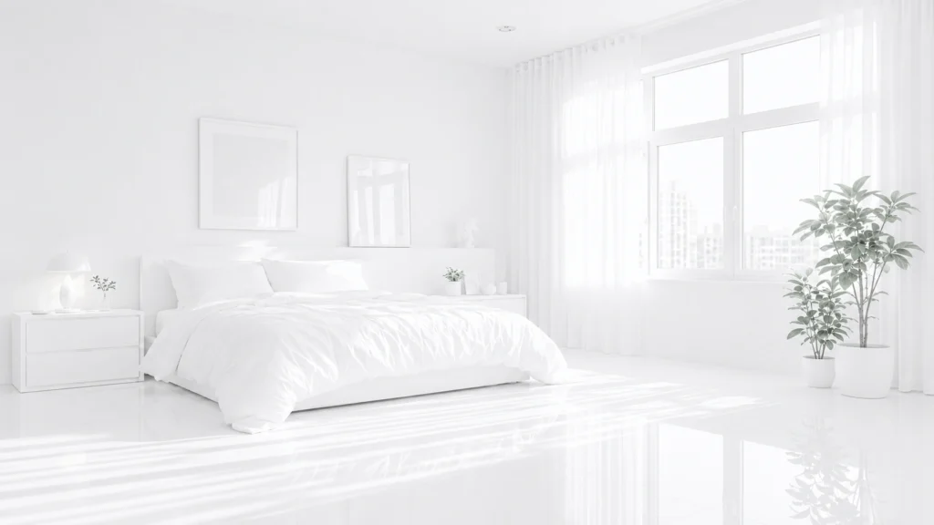 A polished light stone surface, high-end white large-format porcelain tiles, or a custom seamless epoxy floor acts like a mirror. It catches incoming daylight from the windows and projects it upward into beautiful vertical light pools across the walls and ceiling. This clever design trick maximizes ambient brightness levels and gives the bedroom a sleek, futuristic, and premium feel that expands the room's apparent size.
​10. Integrated Entertainment Walls: Seamless Media Consoles
​The modern luxury bedroom balances total relaxation with integrated smart home technology. Incorporating a flat-screen television or media center into an all-white environment requires strict visual discipline to minimize clutter when the display is powered off.
