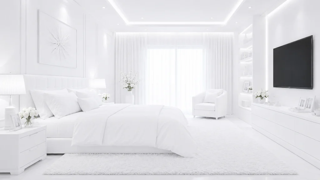 A premium white bedroom layout showcasing an integrated media entertainment console with a wall-mounted TV, built-in display shelves, and subtle LED backlighting.