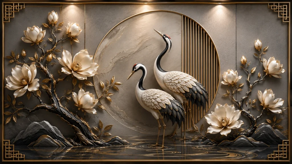 Modern Chinoiserie 3D feature wall mural with two white cranes standing against a dark slate background and geometric gold slats