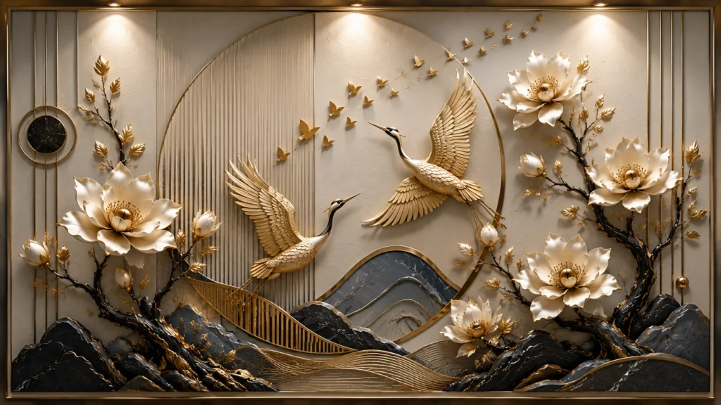 Opulent 3D wall sculpture displaying flying golden cranes over abstract fluid dark gray mountains with ivory lotus blossoms