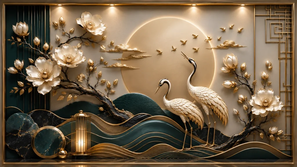Contemporary luxury 3D relief panel featuring deep emerald green marble waves, a glowing golden sun backdrop, and a built-in lantern fixture