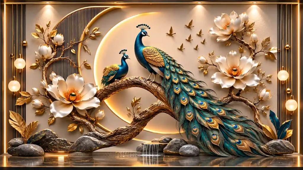 Ultra-luxurious 3D feature wall layout with vibrant blue peacocks on a gnarled golden branch, a crescent moon backdrop, and a miniature waterfall base