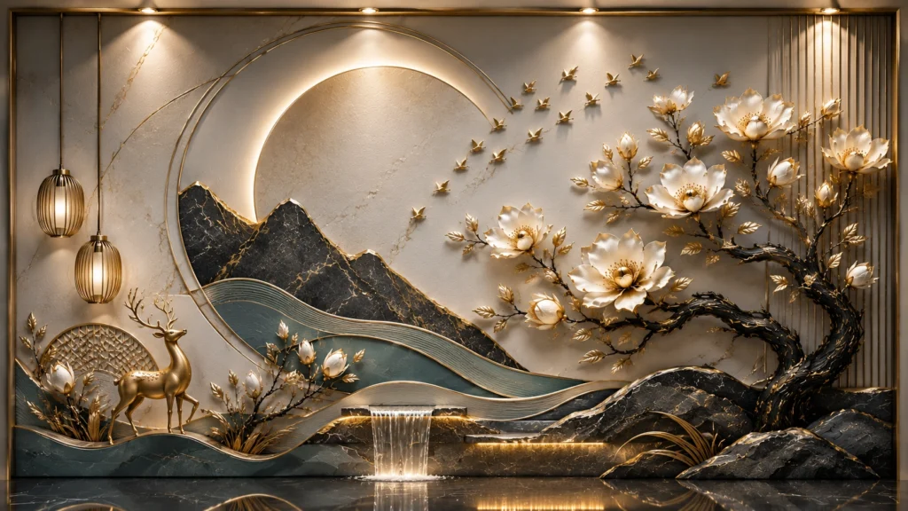 Opulent 3D relief wall mural featuring a golden deer, a built-in cascading waterfall, glowing warm moon backdrop, and blooming magnolia branches