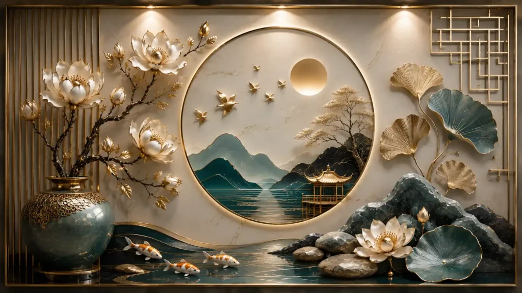 Sophisticated 3D relief wall panel with detailed orange koi fish swimming in a dark teal stream, flanked by a massive jade vase and golden ginkgo leaves