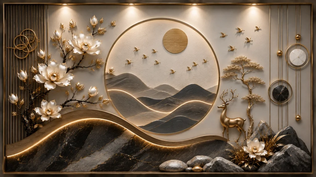 Modern luxury 3D feature wall displaying dark marble ridges with integrated warm LED strip lighting, a golden deer, and a circular geometric clock installation