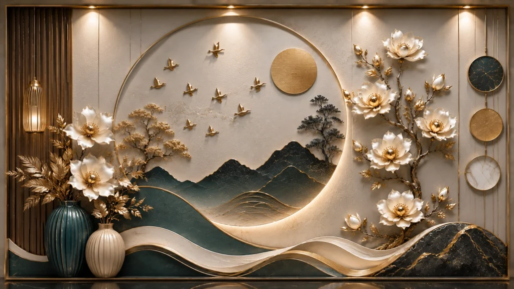 High-end 3D bas-relief mural featuring two distinct teal and white ceramic vases on the left and a sprawling golden flower tree on the right