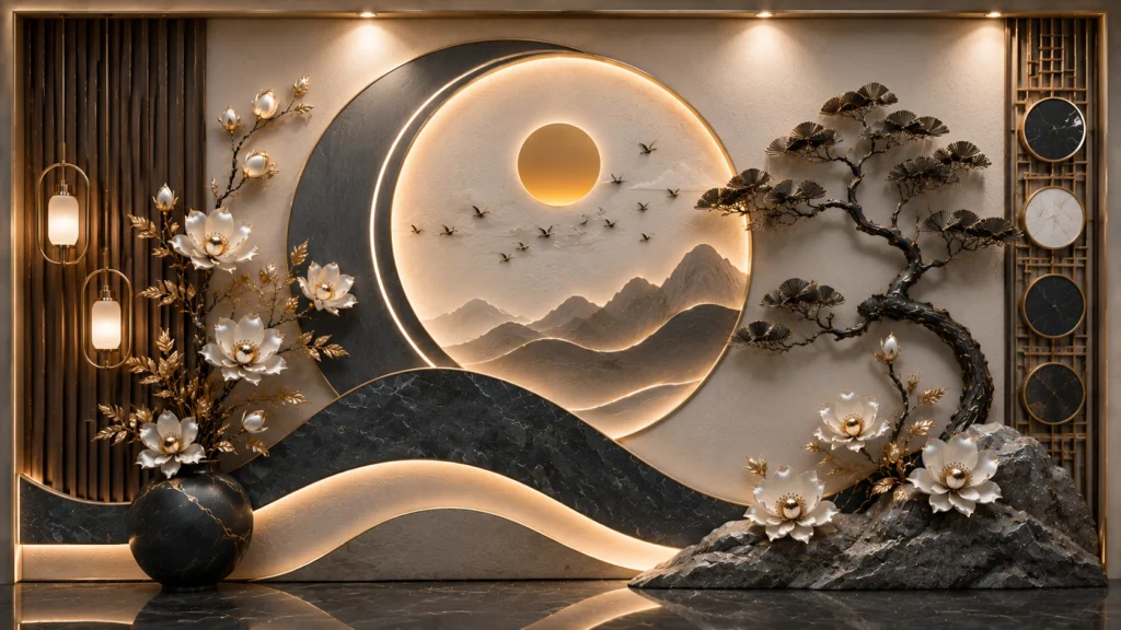 Luxury moody 3D wall art showing a dark slate bonsai tree against a massive glowing double-crescent eclipse backdrop and integrated light spheres