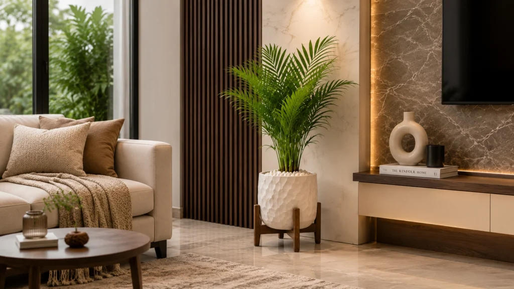 A large Areca Palm in a white textured pot with a wooden stand next to a modern sofa and backlit TV accent wall.