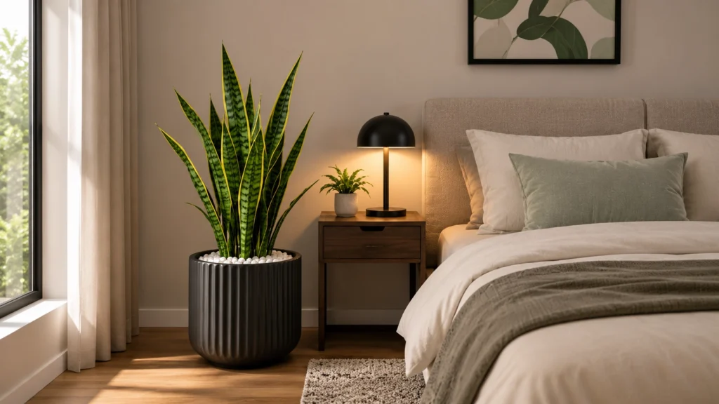 A tall Snake Plant in a black ribbed planter placed next to a modern wooden nightstand and a cozy bed with green pillows.