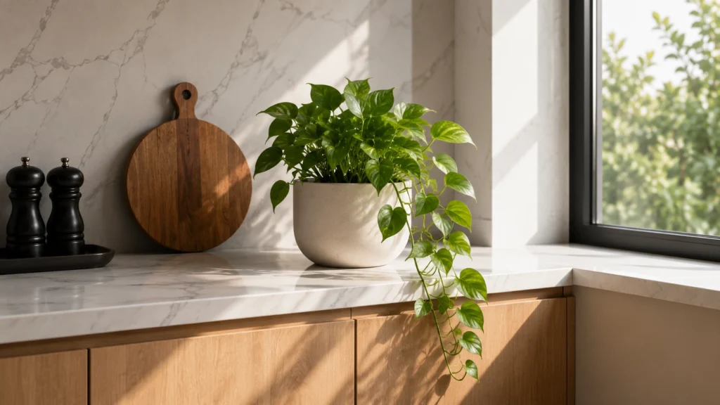 A lush Golden Pothos plant in a white ceramic pot trailing onto a modern white marble kitchen countertop near a window.
