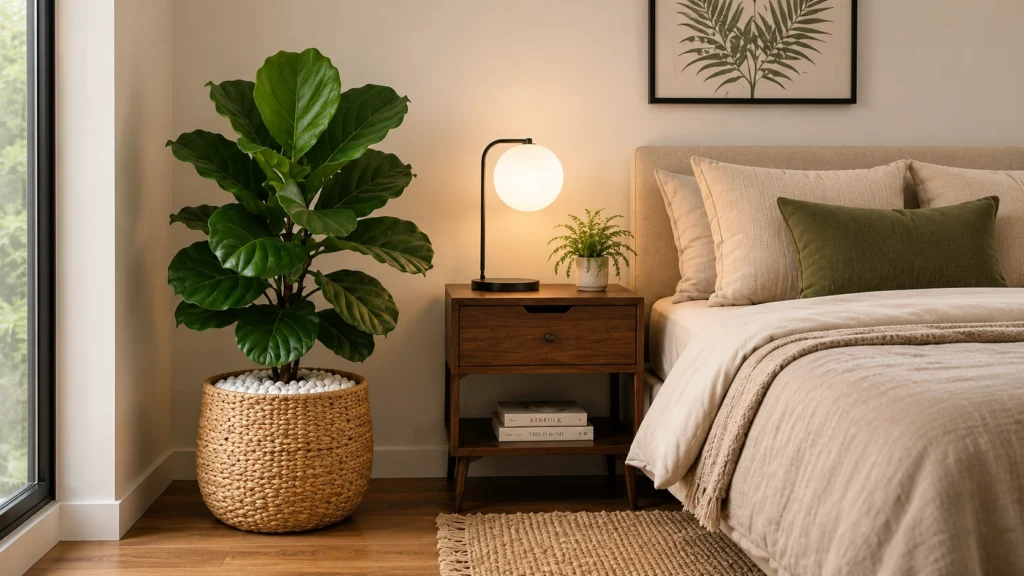 A tall Fiddle Leaf Fig plant in a woven jute basket next to a wooden nightstand and a bed with organic beige linens and a green accent pillow.