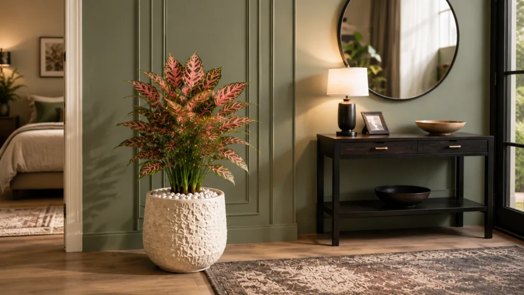 A vibrant Pink Aglaonema plant in a large textured cream ceramic pot sitting on the floor next to a dark wood foyer console table with a round mirror.