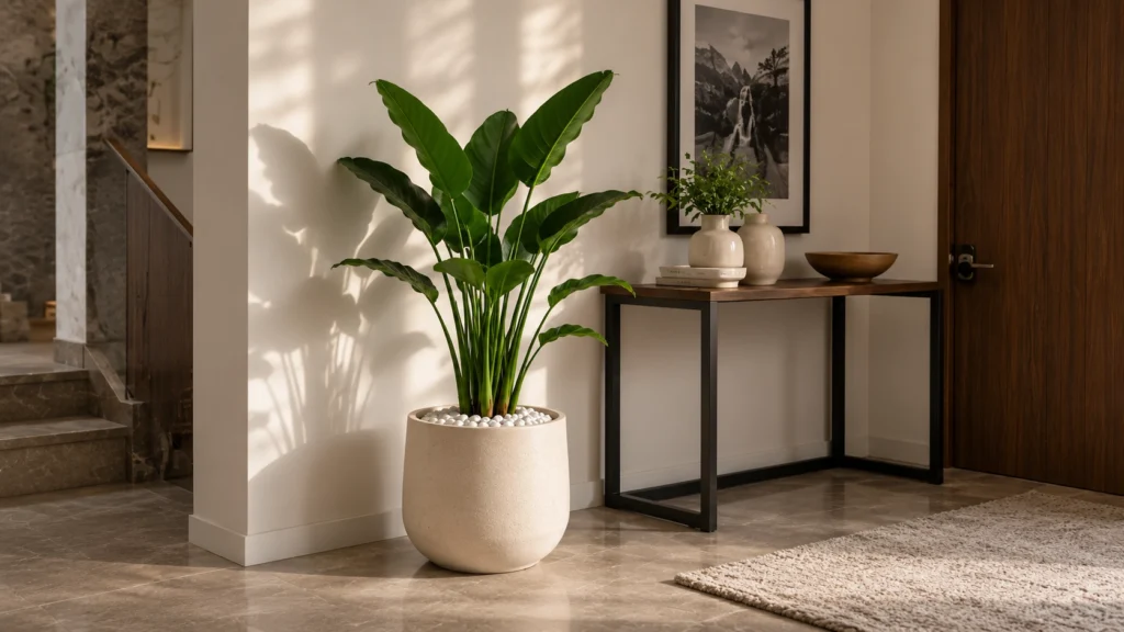A massive Bird of Paradise plant in a sleek concrete bowl planter with white river stones placed in a modern hallway near a staircase.