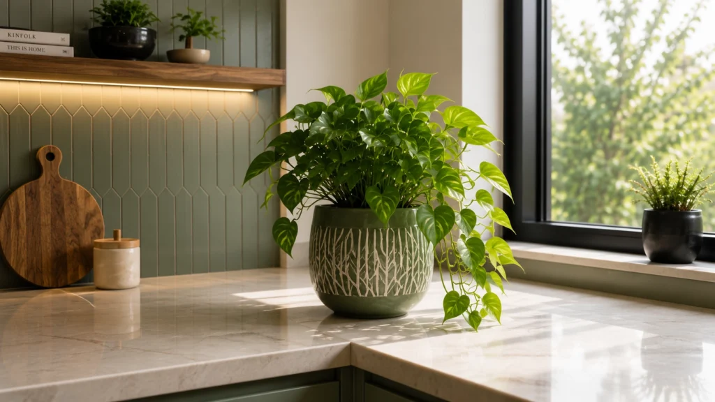 A full, trailing Pothos plant in a green and white patterned ceramic pot on a marble kitchen counter next to a sage green tiled wall.