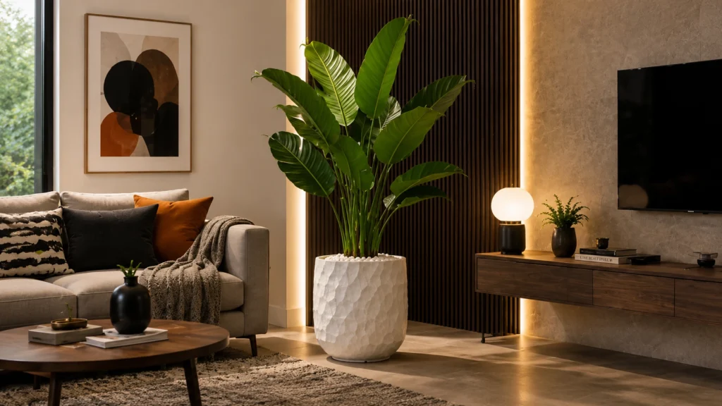 A large Bird of Paradise plant in a white textured pot placed next to a wooden TV console and a wood slat wall with warm LED backlighting.