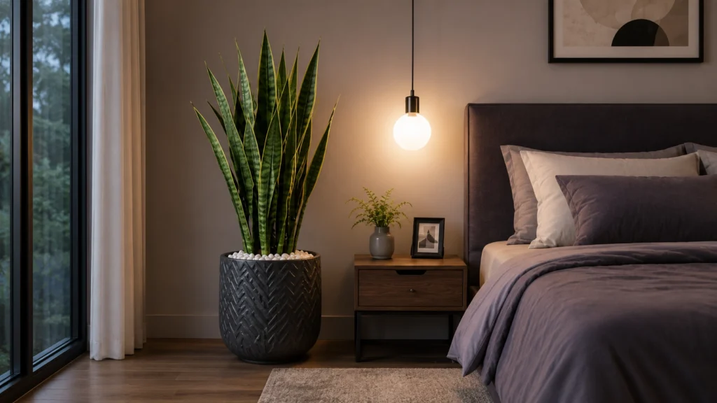 A tall Snake Plant in a dark patterned pot next to a bedroom nightstand with a hanging warm pendant light and dark grey bedding.