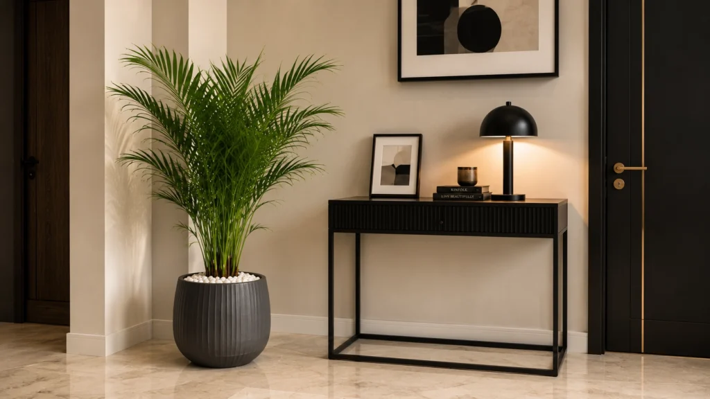 An Areca Palm in a dark ribbed pot next to a sleek black minimalist console table and a black dome lamp in a modern hallway.
