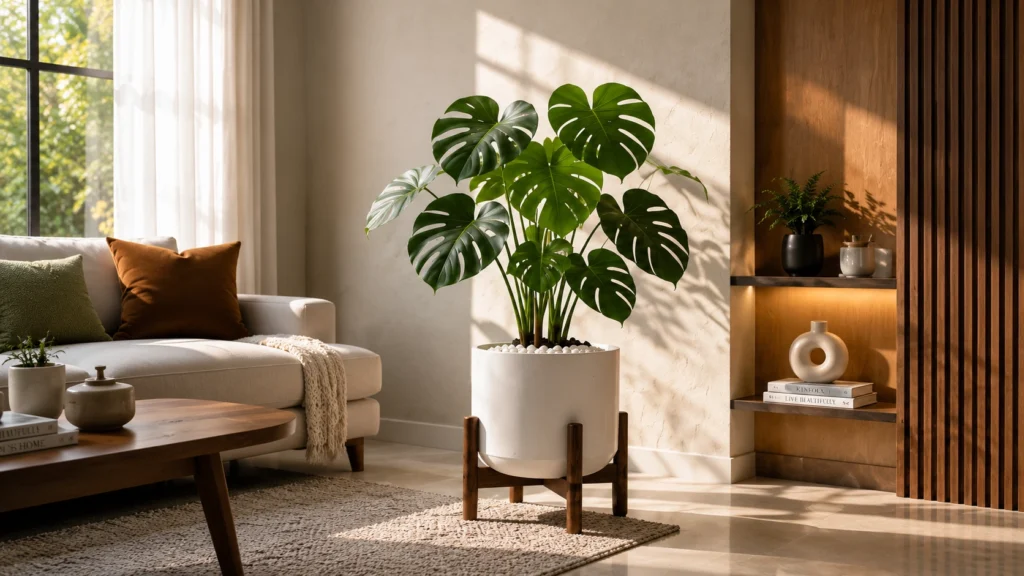 A large Monstera Deliciosa plant in a white pot on a wooden stand in a sunlit mid-century modern living room with warm accents.