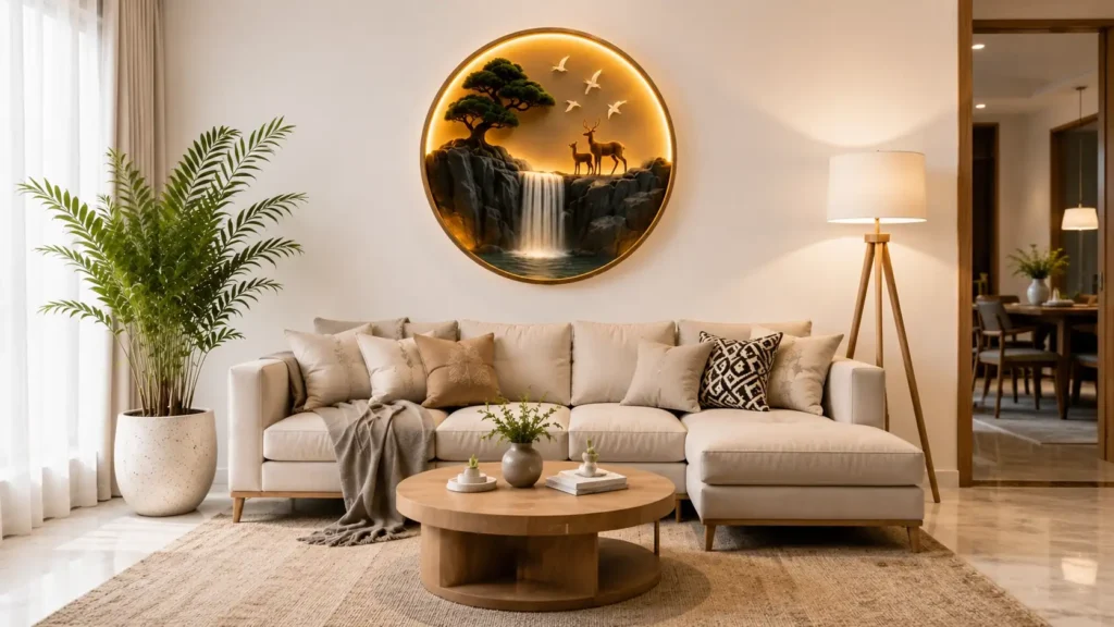 Minimalist luxury living room interior featuring circular 3D backlit nature art above a beige sectional sofa