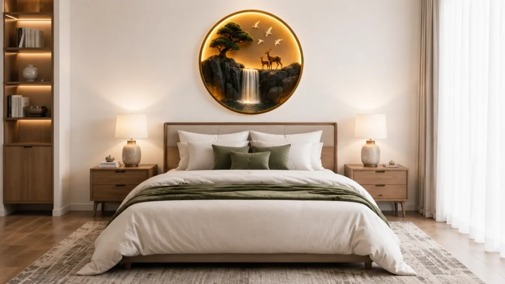 Contemporary master bedroom with warm LED backlit 3D nature wall art mounted above a luxury bed