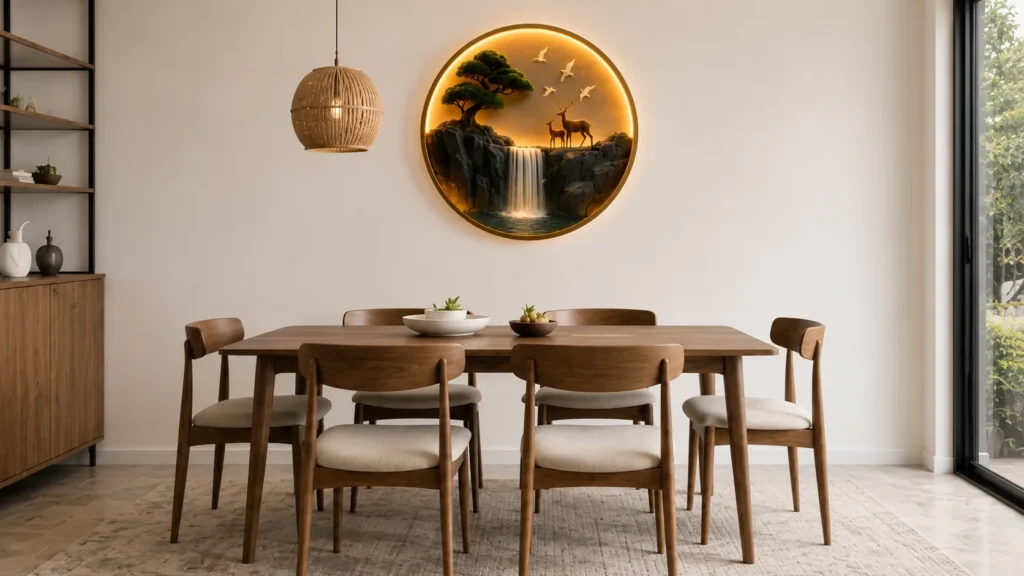 Elegant dining room with a mid century modern wooden dining set and illuminated 3D circular nature wall art