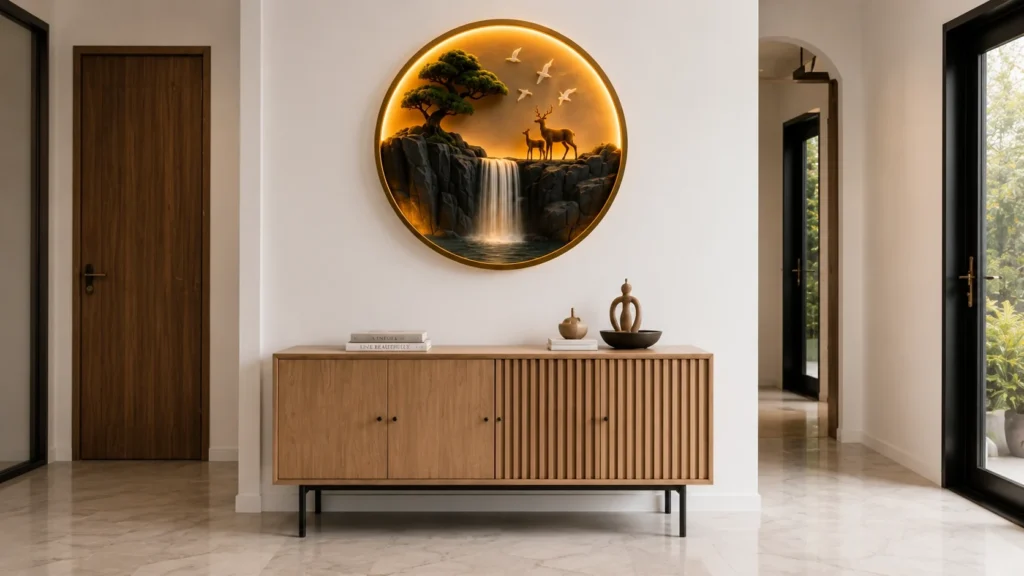 Modern minimalist entryway featuring a fluted wooden console table beneath a premium illuminated circular 3D art piece