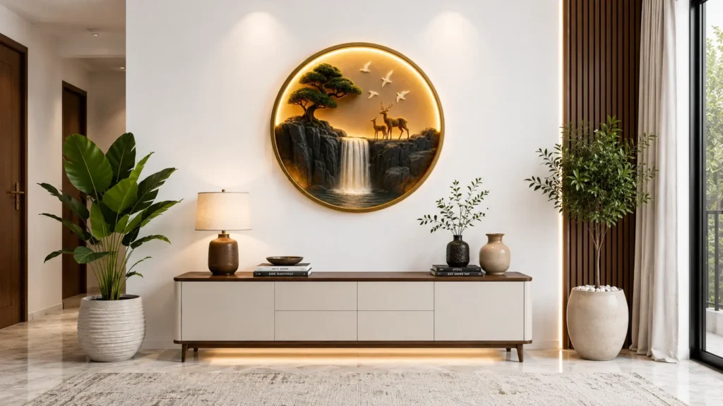 Luxury home interior showcasing a long white credenza with modern lamps plants and a large 3D nature wall art piece