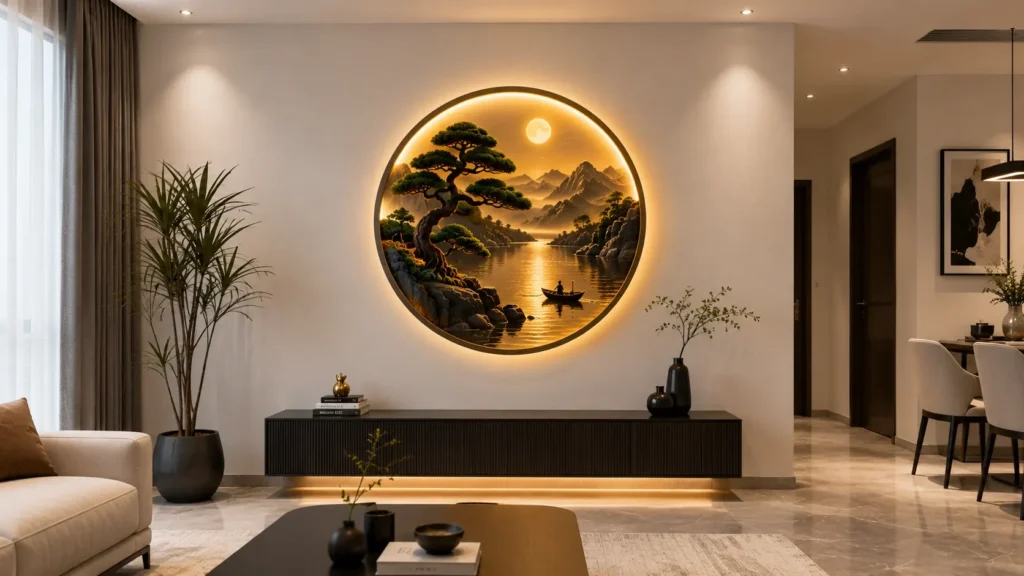 Luxury living room featuring an illuminated circular 3D art piece depicting a peaceful lake sunset with a silhouette boat