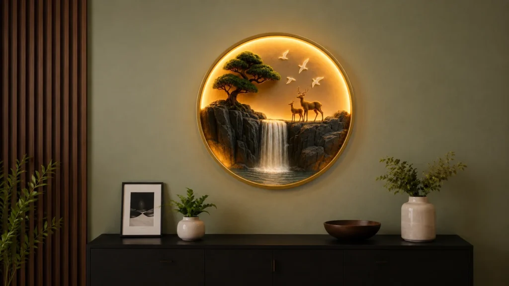 Earthy terracotta living room accent wall featuring an illuminated circular 3D waterfall art display next to a beige sofa