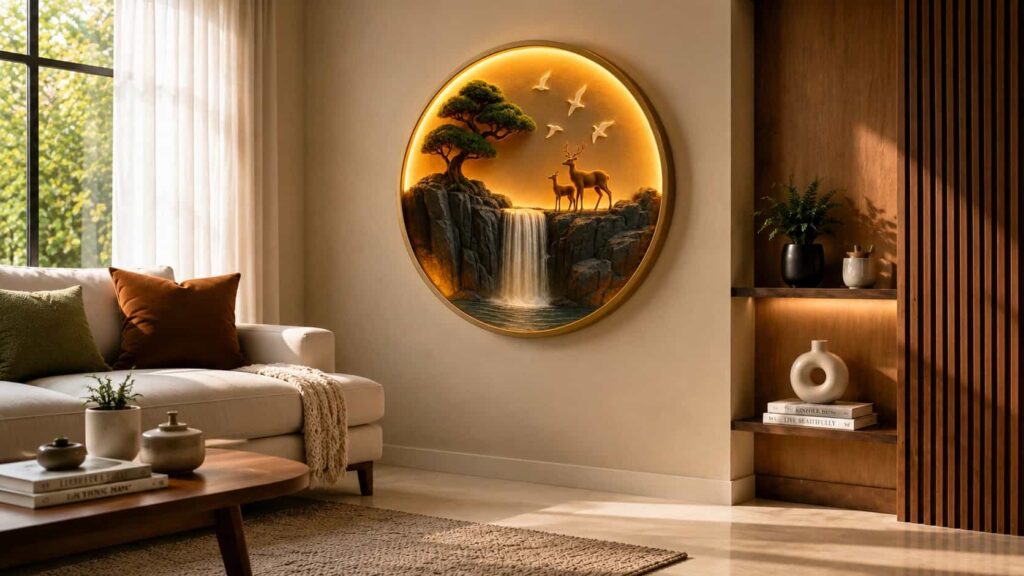 Luxury open plan living space showing an integrated media console beneath a prominent circular 3D illuminated nature art piece
