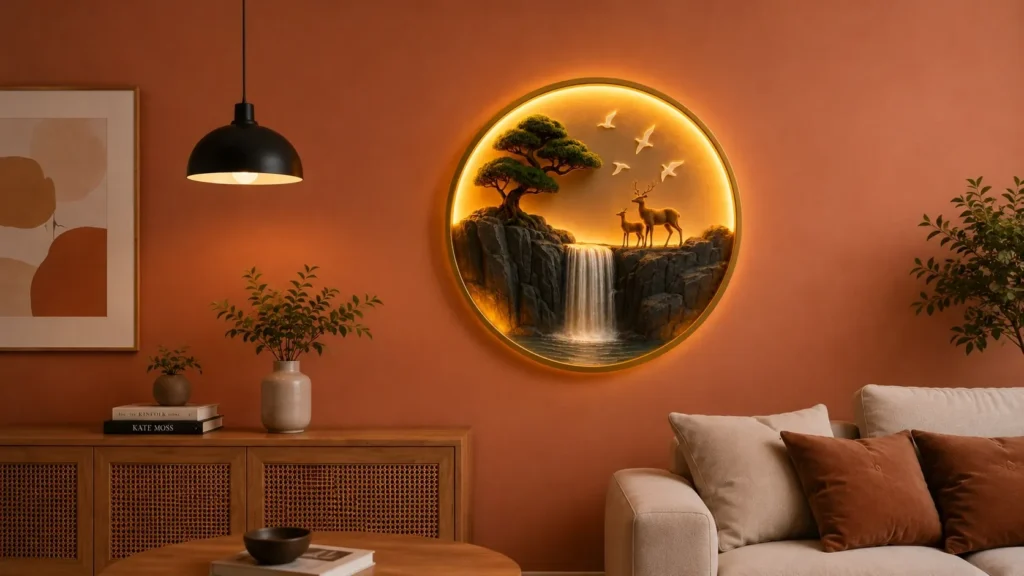 High end open concept home layout highlighting an illuminated 3D nature art installation on the central white wall