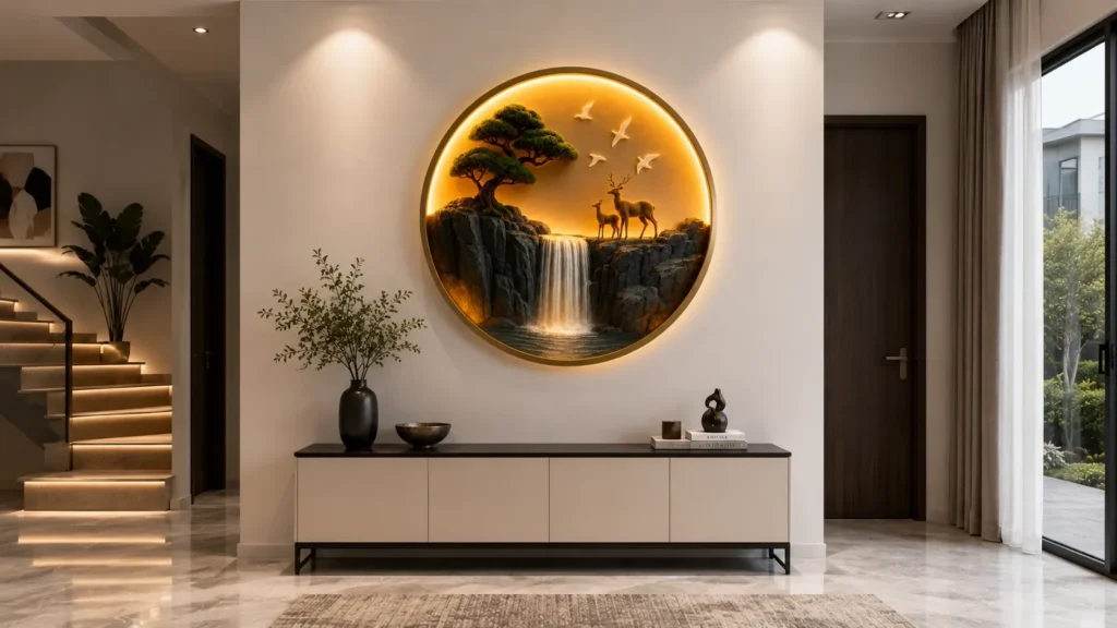 Ultra minimalist gallery wall showcasing a single large illuminated 3D circular nature installation with side window shadows