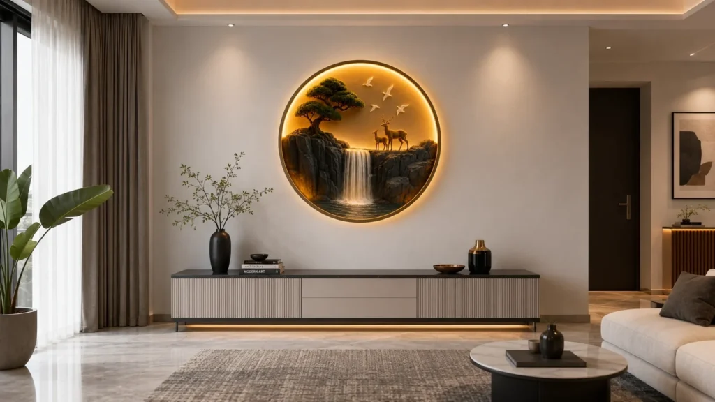 Modern interior featuring a soft sage green wall decorated with a large illuminated circular 3D nature art piece above a black console
