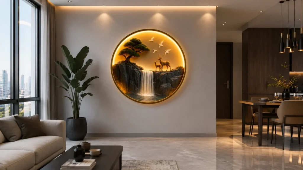 Sunlit bright living room interior featuring a circular 3D illuminated nature wall art piece on a warm beige wall
