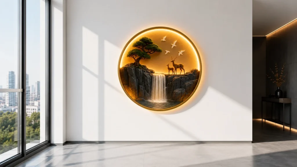 Close up of a luxury circular 3D nature art piece with a glowing warm gold LED strip highlighting rocky cliff textures