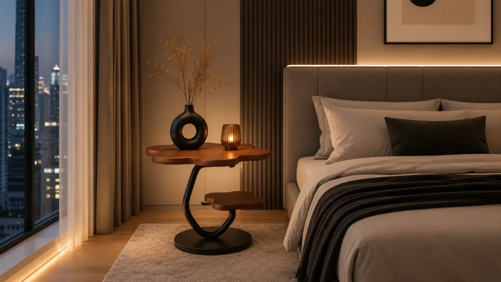 Aesthetic bedside tables showing a wooden blossom-shaped curved bedside table with a black ceramic vase in a moody modern bedroom.