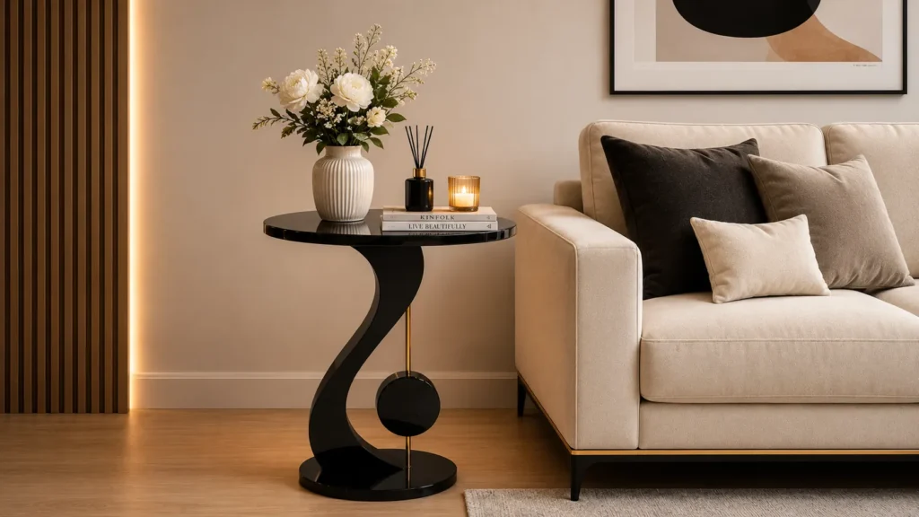 Minimalist organic modern end tables featuring a high-gloss black S-shaped sculptural accent table with a white flower vase beside a cream couch.