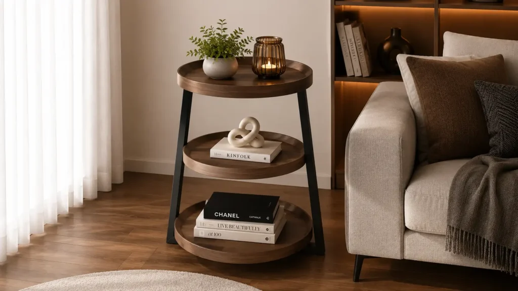 Luxury small accent tables showing a three-tier mid-century modern circular wooden tray side table styled with design books and a candle.