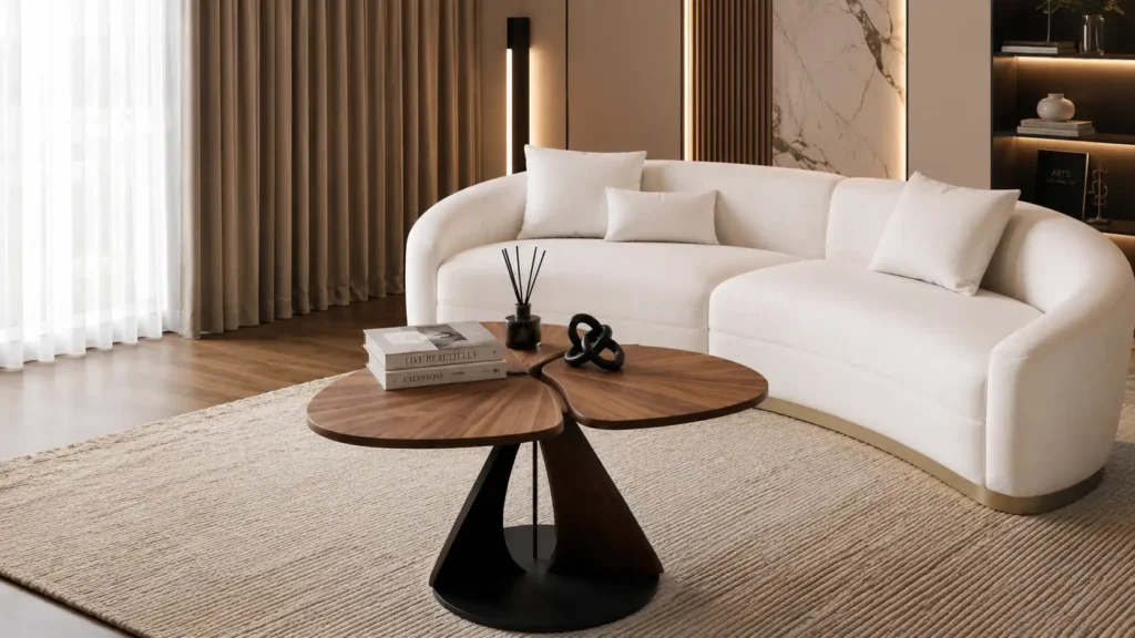 Sculptural side tables for living room featuring a tri-petal walnut wooden coffee table in front of a modern curved white sofa.
