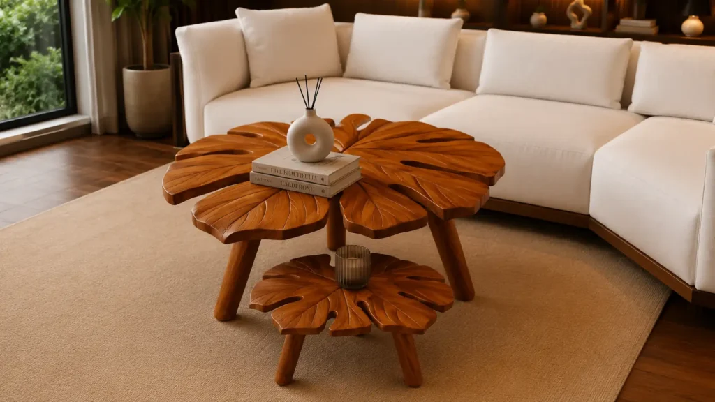 Bi-level wooden monstera leaf sculptural side tables for living room styling beside a plush white sectional sofa.