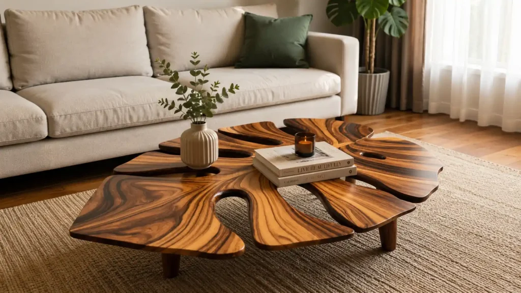 Exotic wood grain monstera leaf shaped sculptural side tables for living room set with a white ribbed vase on a textured beige rug.