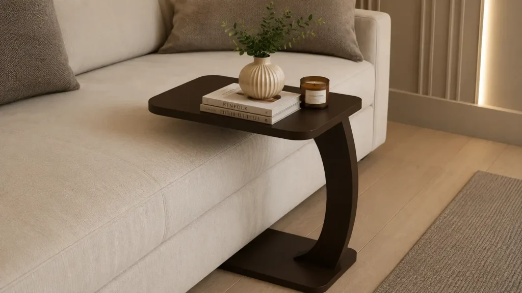 Minimalist dark espresso C-shaped sculptural side tables for living room hugging a neutral beige linen couch.