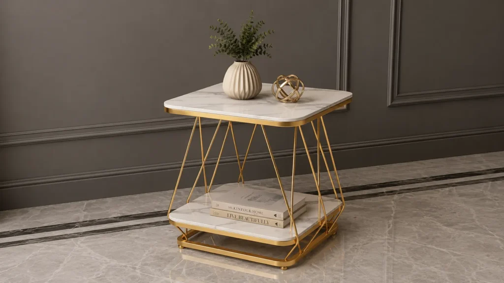 Glamorous sculptural side tables for living room featuring a two-tier square white marble and gold wireframe end table.