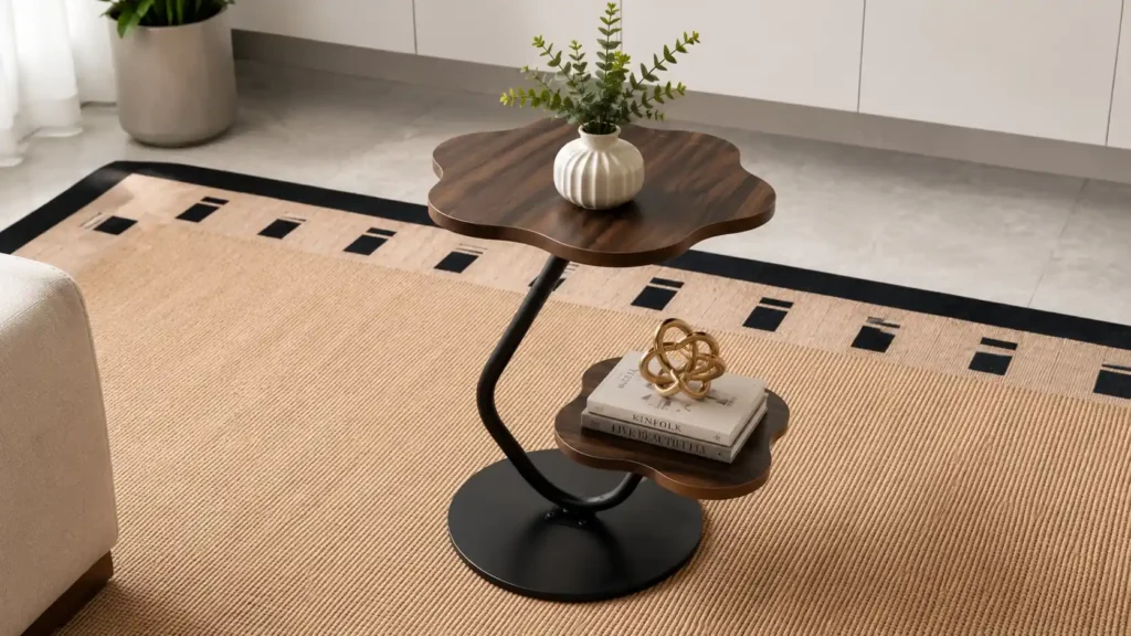 Minimalist dual-tier wooden clover-leaf shaped sculptural side table with a curved black metal frame on a woven jute rug.