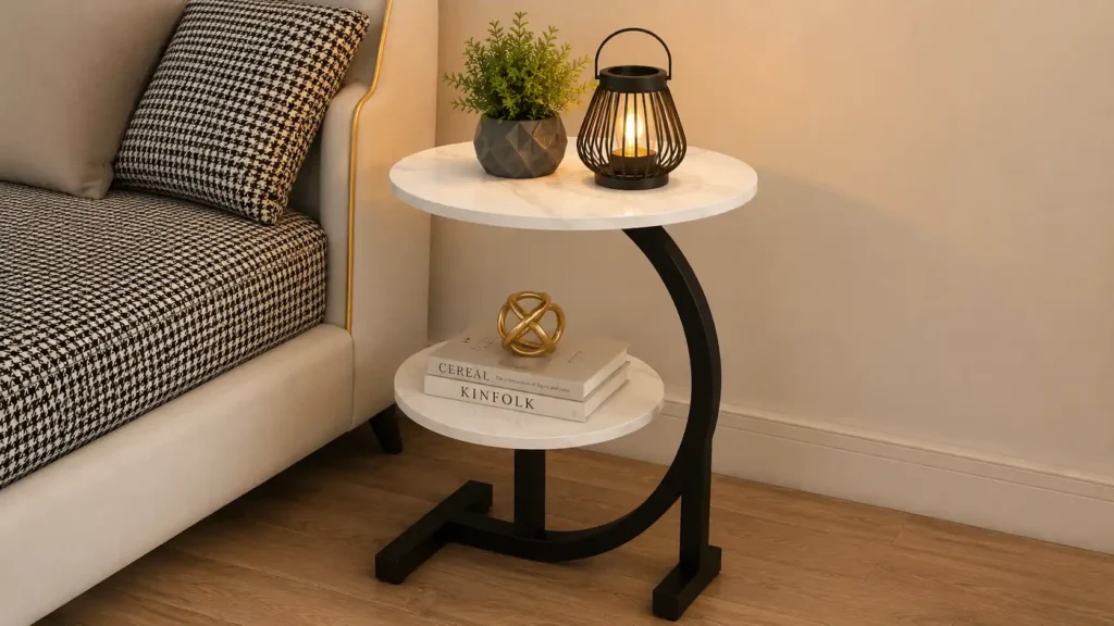 Two-tier round white marble and black metal C-table styled with a modern black lantern next to a houndstooth sofa.