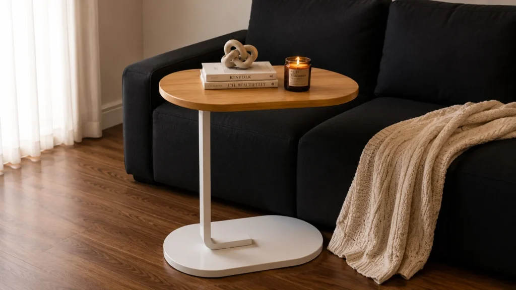 Bright Scandinavian C-shaped sculptural side tables for living room featuring a light oak wooden top and white powder-coated metal base next to a charcoal couch.