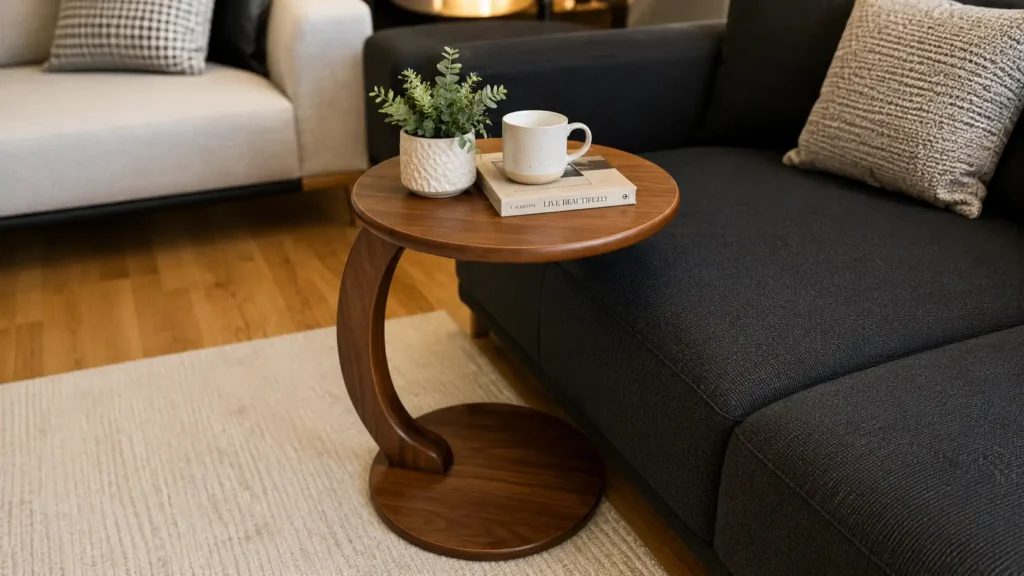 Minimalist continuous curved walnut C-shaped side table sliding over a dark charcoal fabric couch.
