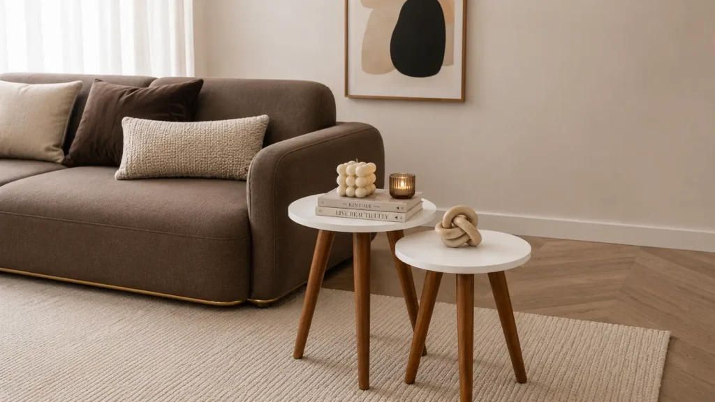 Minimalist white circular nesting tables with tapered mid-century oak legs styled next to a brown linen contemporary sofa.
