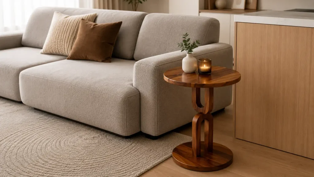 Sculptural round wood pedestal side table featuring an interlocking arch base next to a light beige linen sectional.